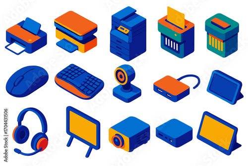 Office Tech Icons. Isometric vector illustration set Office technology: printer, scanner, photocopier, document shredder, wireless