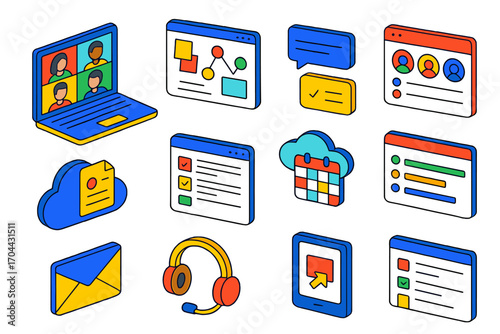 Modern Digital Collaboration. Isometric vector illustration set Modern work communication: video call laptop, shared digital