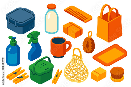 Plastic-Free Living Essentials. Isometric vector illustration set Plastic-free living: stainless steel lunchbox, glass milk bottle