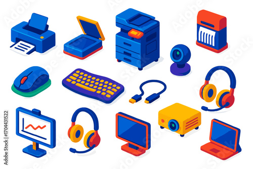 Office Tech Icons. Isometric vector illustration set Office technology: printer, scanner, photocopier, document shredder, wireless