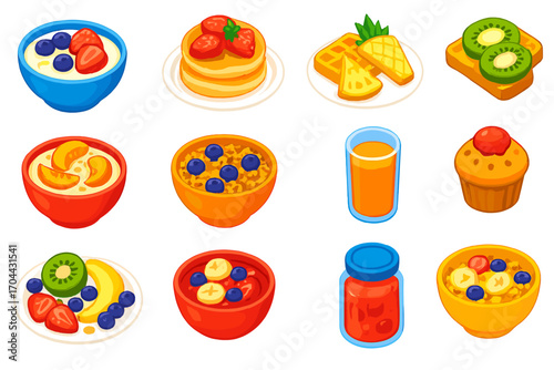 Vibrant Breakfast Delights. Isometric vector illustration set Breakfast with fruits: fruit yogurt bowl, strawberry pancakes, kiwi
