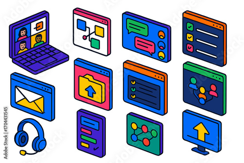 Modern Digital Collaboration. Isometric vector illustration set Modern work communication: video call laptop, shared digital