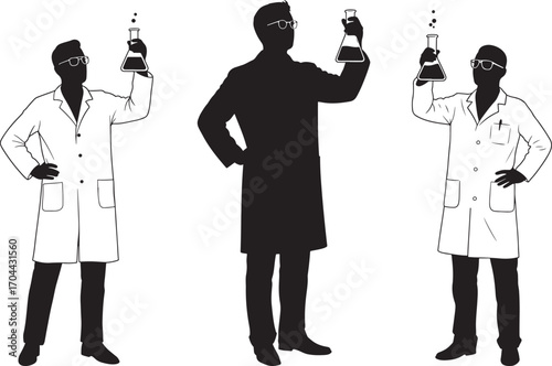 Three scientists in lab coats and one in a dark coat holding up test tubes silhouette