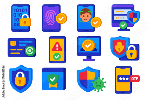 Secure Payment Icons. Isometric vector illustration set Secure payment technology: encrypted payment screen, biometric fingerprint