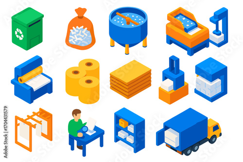 Paper Recycling Process. Isometric vector illustration set Paper recycling: paper collection bin, shredded paper bag, pulping tank