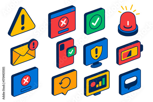 Vibrant Alert Icons. Isometric vector illustration set Alert notifications: warning triangle icon, error popup window, success