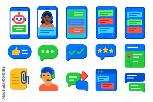 Vibrant Support Chat Icons. Isometric vector illustration set Support chat systems: chatbot interface, live agent chat, chat queue
