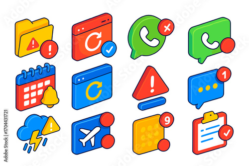 Bright App Alert Icons. Isometric vector illustration set App alerts and reminders: low storage notification, software update