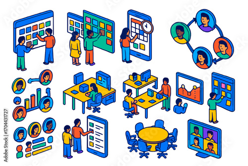 Team Collaboration Icons. Isometric vector illustration set Team collaboration schedules: shared calendar screen, group task board
