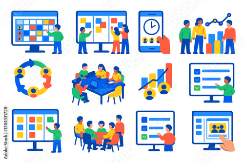 Team Collaboration Icons. Isometric vector illustration set Team collaboration schedules: shared calendar screen, group task board