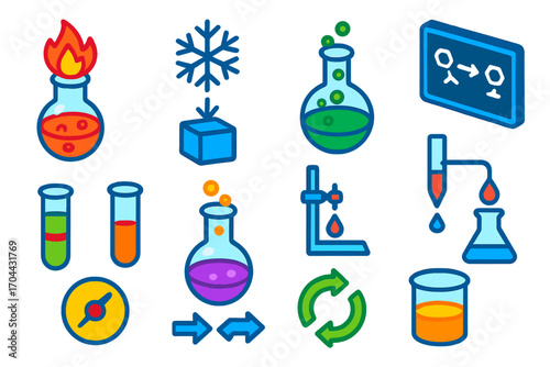 Chemical Reaction Icons. Isometric vector illustration set Chemical reaction icons: exothermic reaction flask, endothermic