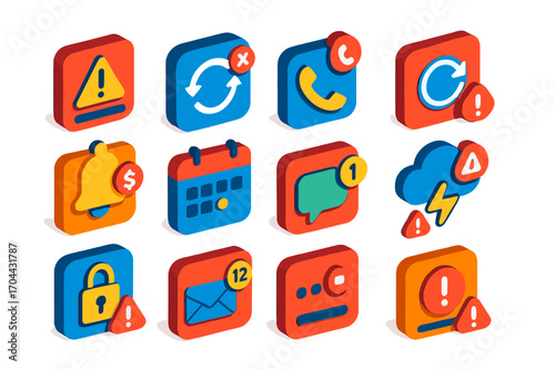 Bright App Alert Icons. Isometric vector illustration set App alerts and reminders: low storage notification, software update