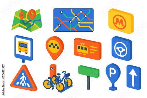 Urban Navigation Icons. Isometric vector illustration set Urban navigation: city map, public transport map, metro card, bus stop