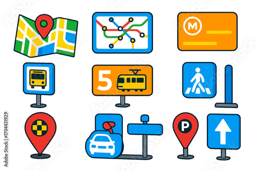 Urban Navigation Icons. Isometric vector illustration set Urban navigation: city map, public transport map, metro card, bus stop