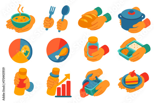 Charity Meal Distribution. Isometric vector illustration set charity and support: hands with soup bowl, hands holding kitchen
