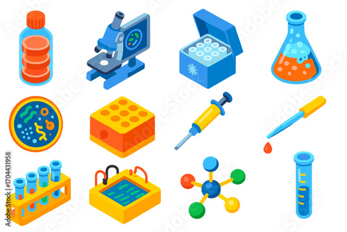 Bold Lab Equipment Icons. Isometric vector illustration set scientific lab equipment and microbiology: agar culture bottle,