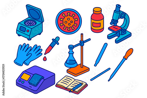 Lab Equipment Icons. Isometric vector illustration set scientific lab equipment and microbiology: high-speed centrifuge, agar