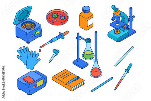 Lab Equipment Icons. Isometric vector illustration set scientific lab equipment and microbiology: high-speed centrifuge, agar