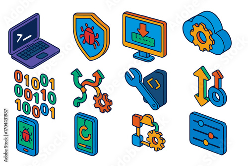 Development Tools Icons. Isometric vector illustration set bug fixing and development tools: laptop with command prompt, bug