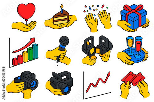Charity Event Icons. Isometric vector illustration set charity and support: hands holding heart-shaped balloon, hands giving cake