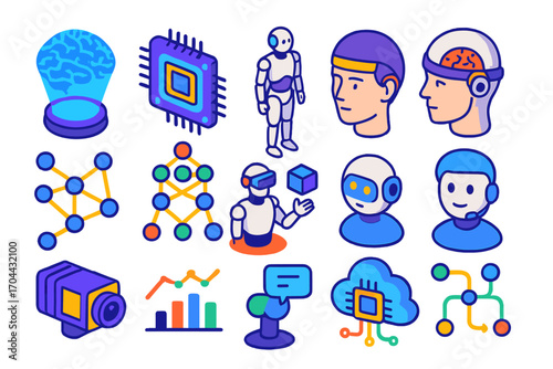 AI Technology Illustration. Isometric vector illustration set artificial intelligence and brainwave technology: brain hologram