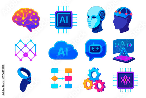 AI Brainwave Technology. Isometric vector illustration set artificial intelligence and brainwave technology: glowing brain with