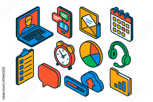 Digital Productivity Tools. Isometric vector illustration set communication and productivity: laptop with video call, smartphone