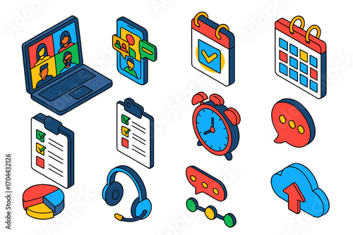 Digital Productivity Tools. Isometric vector illustration set communication and productivity: laptop with video call, smartphone