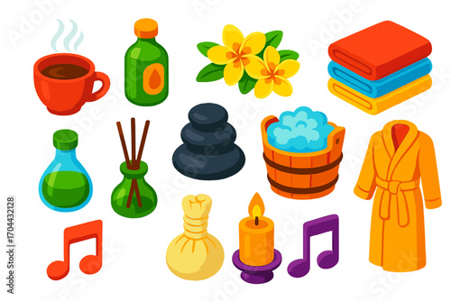 Bold Wellness Icons. Isometric vector illustration set relaxation icons for wellness: steaming tea cup, massage oil bottle,