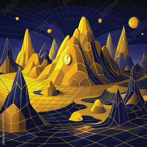 Futuristic alien landscape with glowing geometric mountains