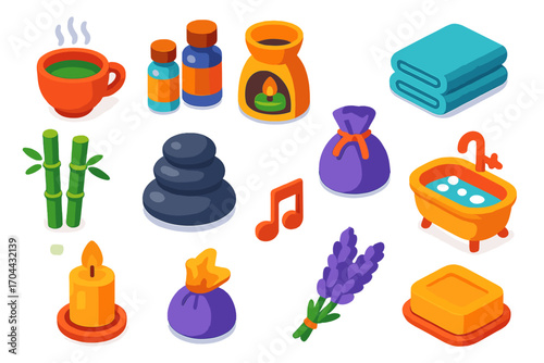 Wellness Icon Set. Isometric vector illustration set relaxation icons for wellness: ceramic tea cup, essential oil bottles, aroma