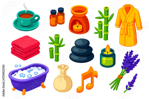 Wellness Relaxation Icons. Isometric vector illustration set relaxation icons for wellness: tea cup with saucer, essential oil
