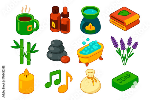 Wellness Icon Set. Isometric vector illustration set relaxation icons for wellness: steaming herbal tea mug, essential oil set,
