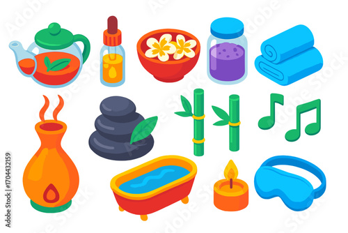 Wellness Icon Set. Isometric vector illustration set relaxation icons for wellness: herbal infusion pot, oil dropper bottle,