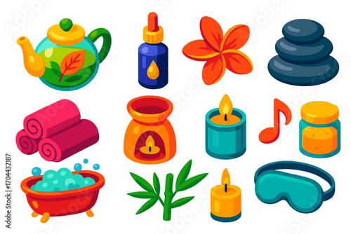 Wellness Relaxation Icons. Isometric vector illustration set relaxation icons for wellness: teapot with herbal infusion, oil