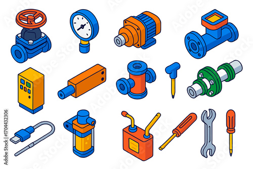 Industrial Automation Icons. Isometric vector illustration set industrial automation: diaphragm valve, analog pressure dial,
