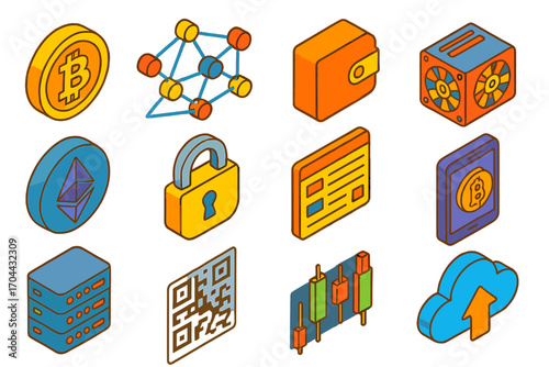 Industrial and Blockchain Icons. Isometric vector illustration set industrial automation: gate valve, digital pressure transmitter