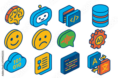 Tech Icons Collage. Isometric vector illustration set AI, chat, code, NLP, database, sentiment: neural network circuit brain,