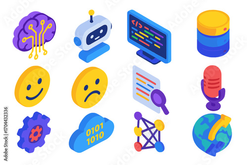 Bright Tech Icon Set. Isometric vector illustration set AI, chat, code, NLP, database, sentiment: brain with circuits, chatbot