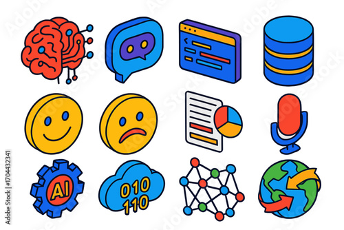 Bright Tech Icon Set. Isometric vector illustration set AI, chat, code, NLP, database, sentiment: brain with circuits, chatbot