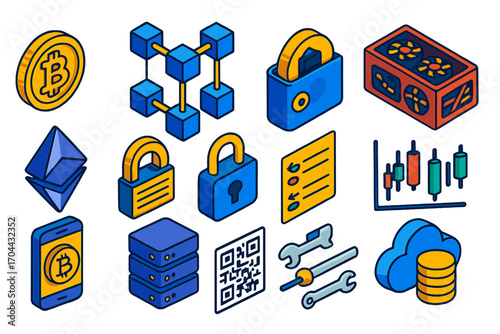 Industrial and Blockchain Icons. Isometric vector illustration set industrial automation: gate valve, digital pressure transmitter