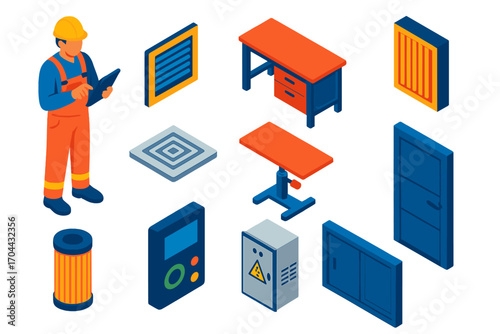 Industrial Maintenance Elements. Isometric vector illustration set worker, vent, table, filter, control device, and door: