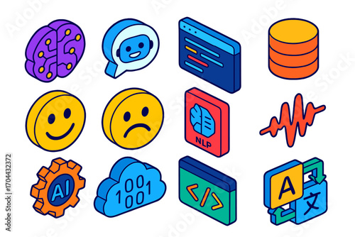 Tech Icons Collage. Isometric vector illustration set AI, chat, code, NLP, database, sentiment: neural network circuit brain,