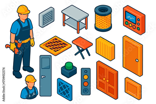 Isometric Worker Essentials. Isometric vector illustration set worker, vent, table, filter, control device, and door: service