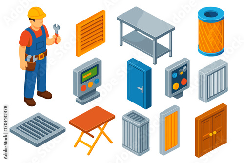 Isometric Worker Essentials. Isometric vector illustration set worker, vent, table, filter, control device, and door: service