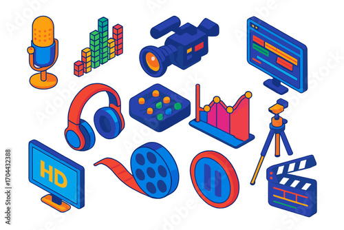 Multimedia Icon Set. Isometric vector illustration set multimedia icons for recording and editing: condenser mic, music spectrum