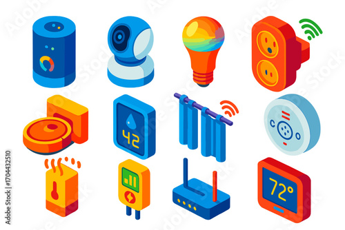 Smart Home Icons. Isometric vector illustration set smart home icons: AI voice control device, rotating dome cam, multi-color LED