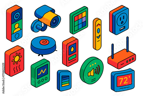Smart Home Tech Icons. Isometric vector illustration set smart home icons: touchscreen doorbell, outdoor flood cam, smart LED