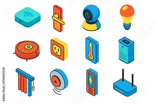 Smart Home Icons. Isometric vector illustration set smart home icons: smart hub, door lock keypad, indoor security camera, smart