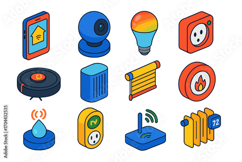 Smart Home Icon Set. Isometric vector illustration set smart home icons: smart home remote, weather cam, multi-color LED lamp,